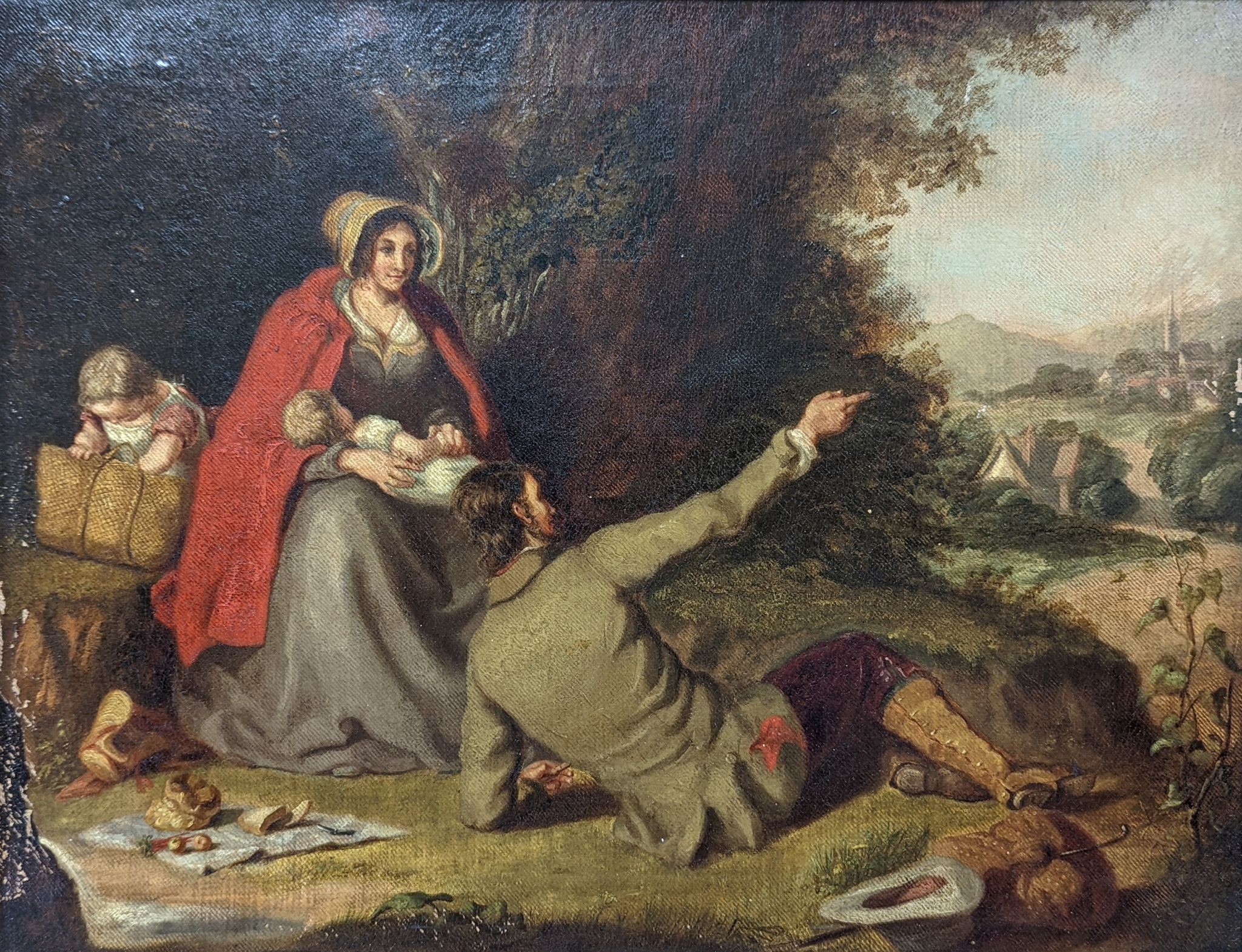 After Richard Westall (1765-1836), oil on canvas, The Travellers Repast, 34 x 44cm